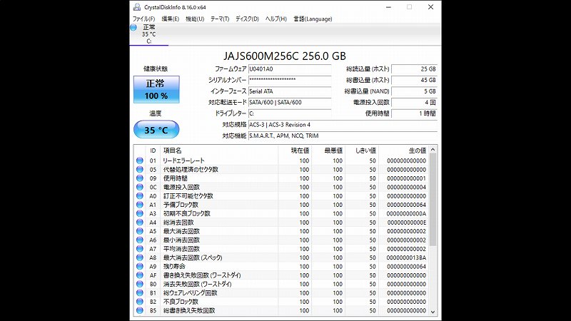 LEVEN JS-600 CrystalDiskInfo 画面
