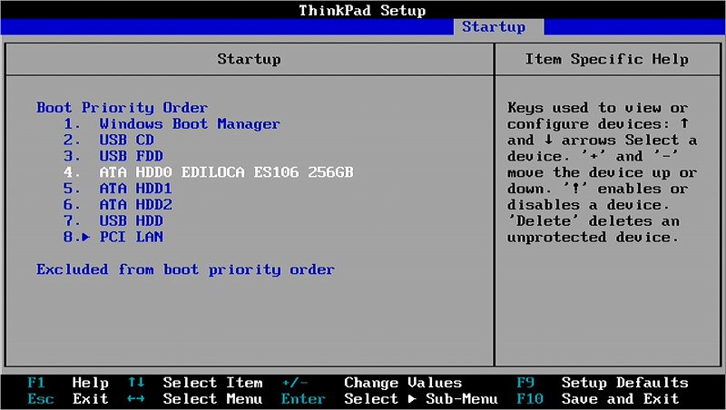 EDILOCA ES106 ThinkPad X240 BIOS認識状態