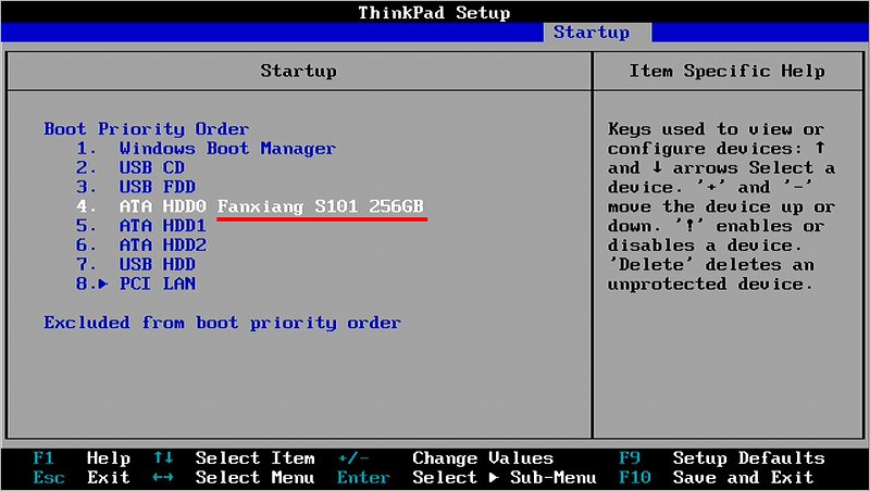 Fanxiang S101 ThinkPad X240 BIOS認識状態