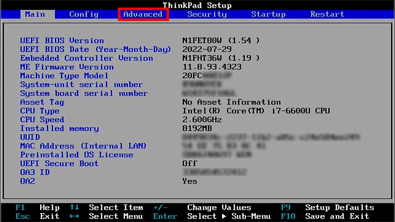 ThinkPad X1 Carbon 4th BIOS画面（改造後）