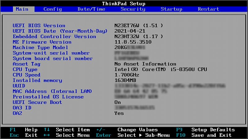 ThinkPad X1 Carbon 6th BIOS画面