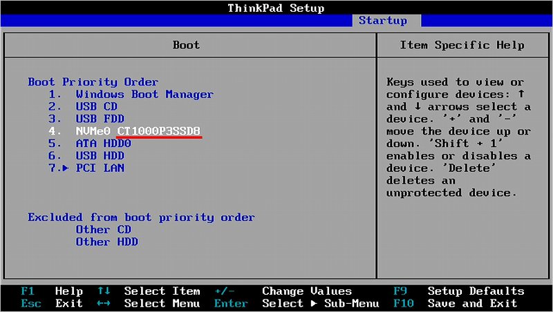 Crucial P3 1TB ThinkPad X1 Carbon 6th（2号機） BIOS認識状態