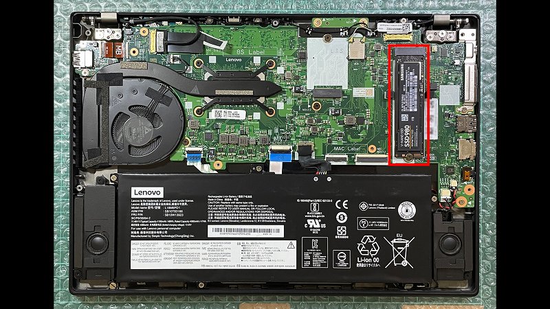 ThinkPad X390 Samsung SSD980 1TB 取付状態