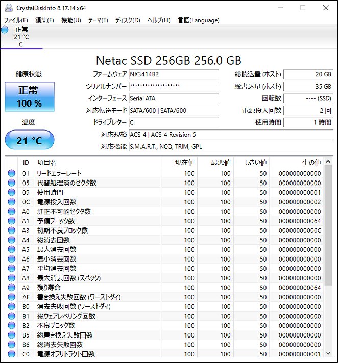 Netac N530S 256GB CrystalDiskInfo 実行結果