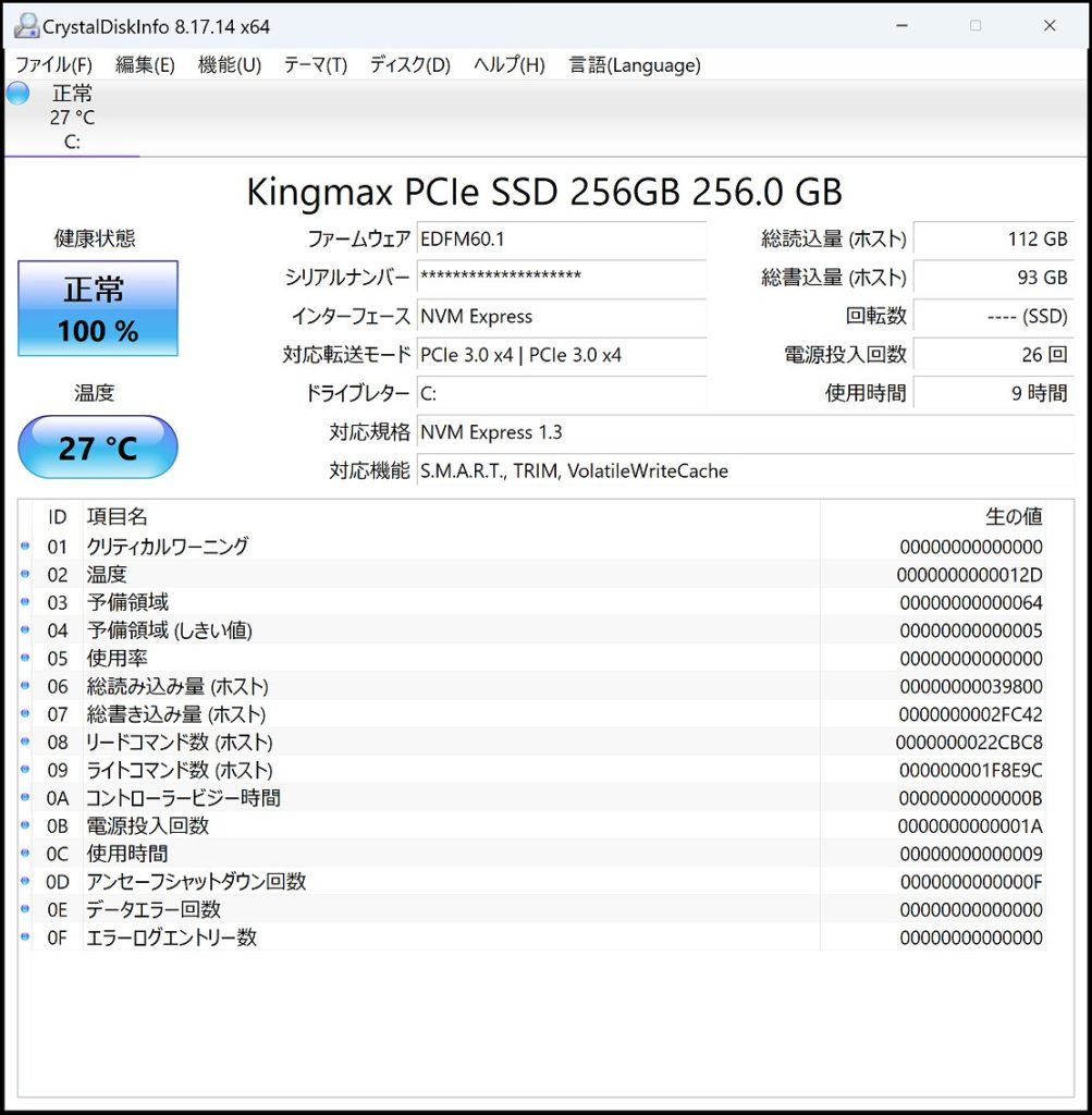KINGMAX PQ3480 256GB CrystalDiskInfo 実行結果