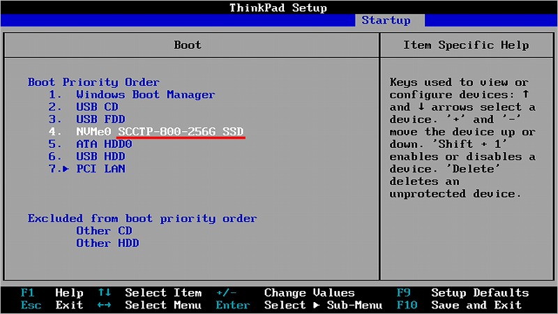 SCCTP-800-256G ThinkPad X1 Carbon 6th 3号機 BIOSでの認識状態