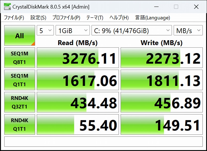 XrayDisk 512GB PRO CrystalDiskMark 実行結果